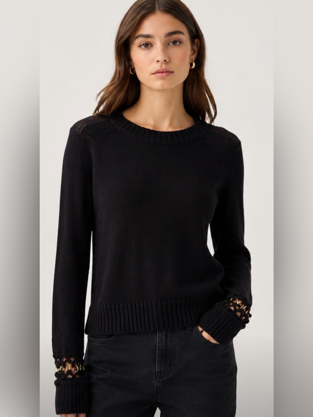 A.L.C. Black Crewneck Sweater with Eyelet Cuff Detail size S